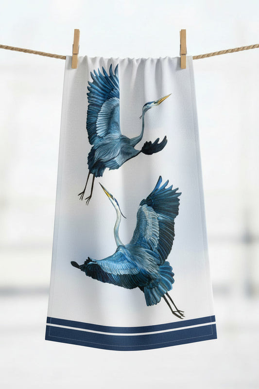 Blue Heron Tea Towel – Coastal Bird Kitchen Towel, 100% Cotton Flour Sack, Navy Stripe Kitchen Decor, Beach House Gift