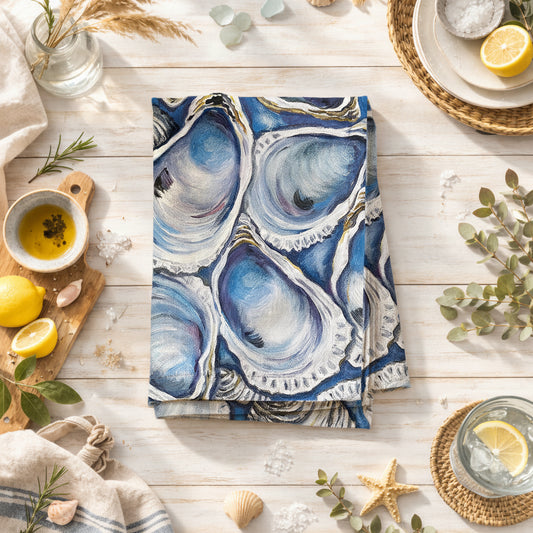 Oyster Tea Towel – Coastal Blue Shell Kitchen Towel, 100% Cotton Flour Sack, Nautical Beach House Decor, Southern Kitchen Gift