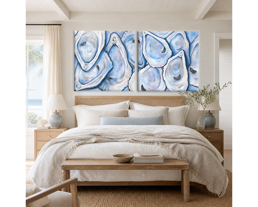 Blue Oyster Art Print Set of 2 | Coastal Oyster Wall Art Pair | Lowcountry oyster Paintings