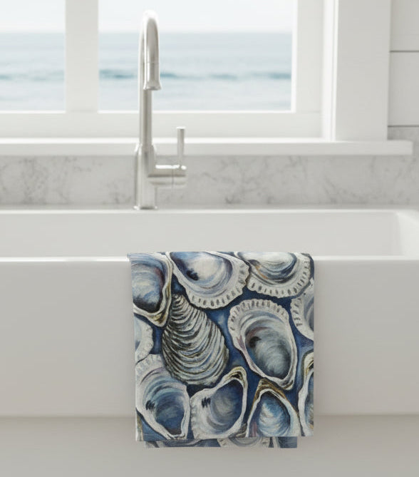 Oyster Tea Towel – Coastal Blue Shell Kitchen Towel, 100% Cotton Flour Sack, Nautical Beach House Decor, Southern Kitchen Gift