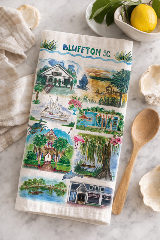 Bluffton SC Tea Towel – Lowcountry Coastal Kitchen Towel, South Carolina Souvenir Gift, 100% Cotton Flour Sack, Hilton Head Decor
