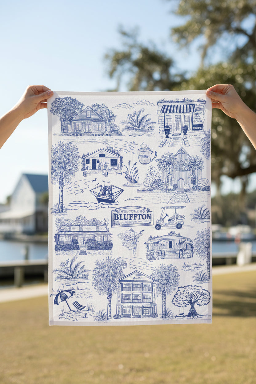 Bluffton Toile Tea Towel – Blue & White Coastal Kitchen Towel, 100% Cotton Flour Sack, Lowcountry South Carolina Gift, Southern Decor