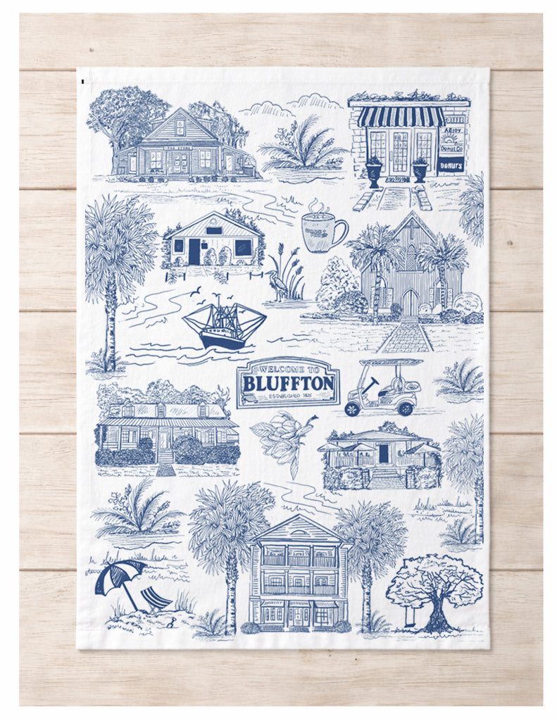 Bluffton Toile Tea Towel – Blue & White Coastal Kitchen Towel, 100% Cotton Flour Sack, Lowcountry South Carolina Gift, Southern Decor