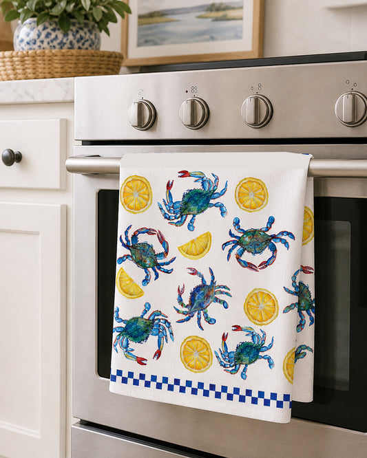 Blue Crab & Lemon Coastal Tea Towel – Southern Kitchen Decor, Nautical Seafood Art, Bluffton SC Gift