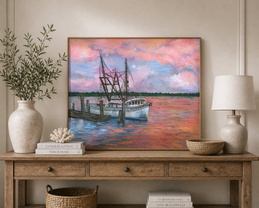 Pink Coastal Sunset Beach Art Bluffton Oyster Factory Boat Art Print | “Daddy’s Girls” Coastal Painting | Lowcountry Shrimp Boat | Sunset Marsh Wall Art | Leli Holmes Art