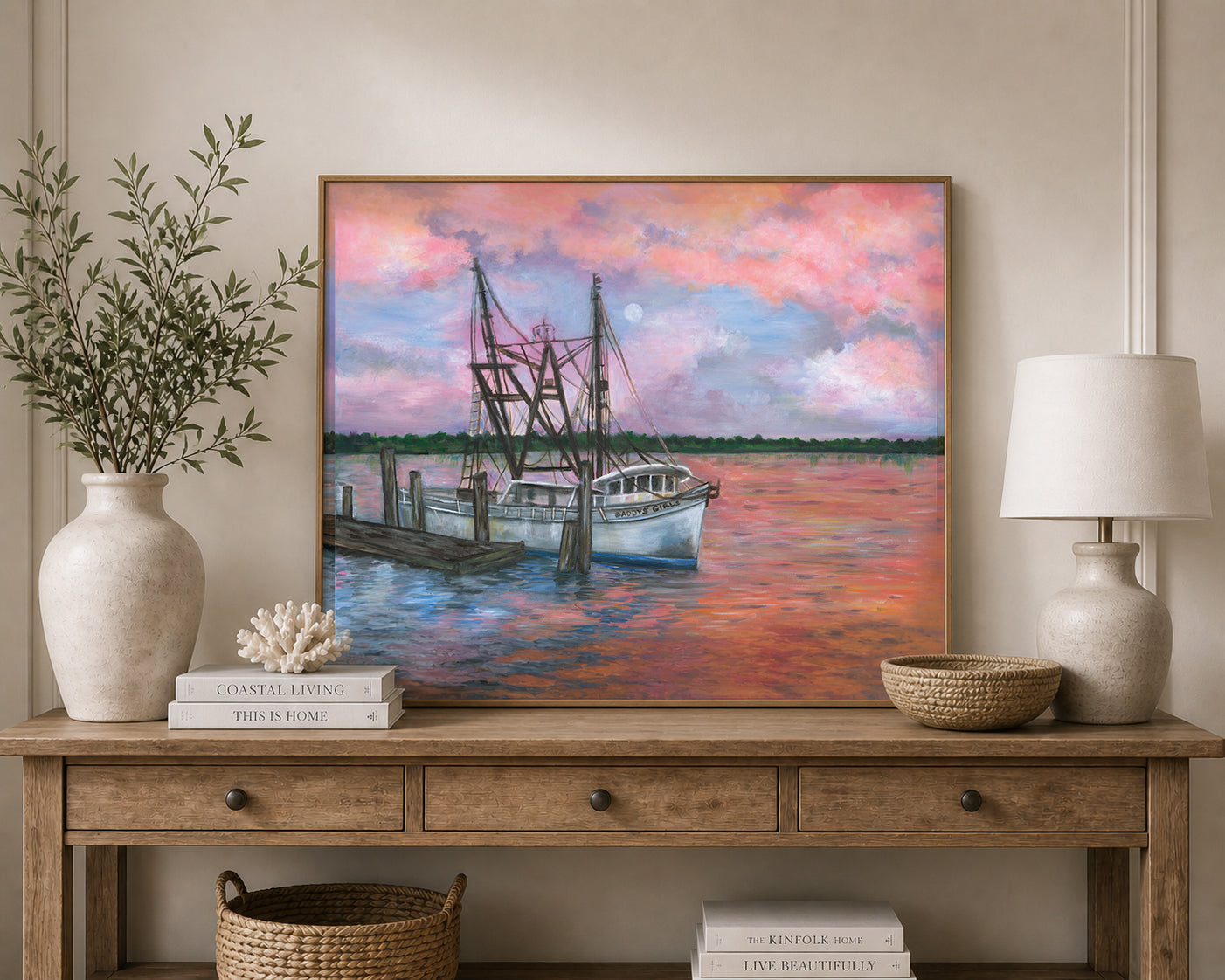 Pink Coastal Sunset Beach Art Bluffton Oyster Factory Boat Art Print | “Daddy’s Girls” Coastal Painting | Lowcountry Shrimp Boat | Sunset Marsh Wall Art | Leli Holmes Art
