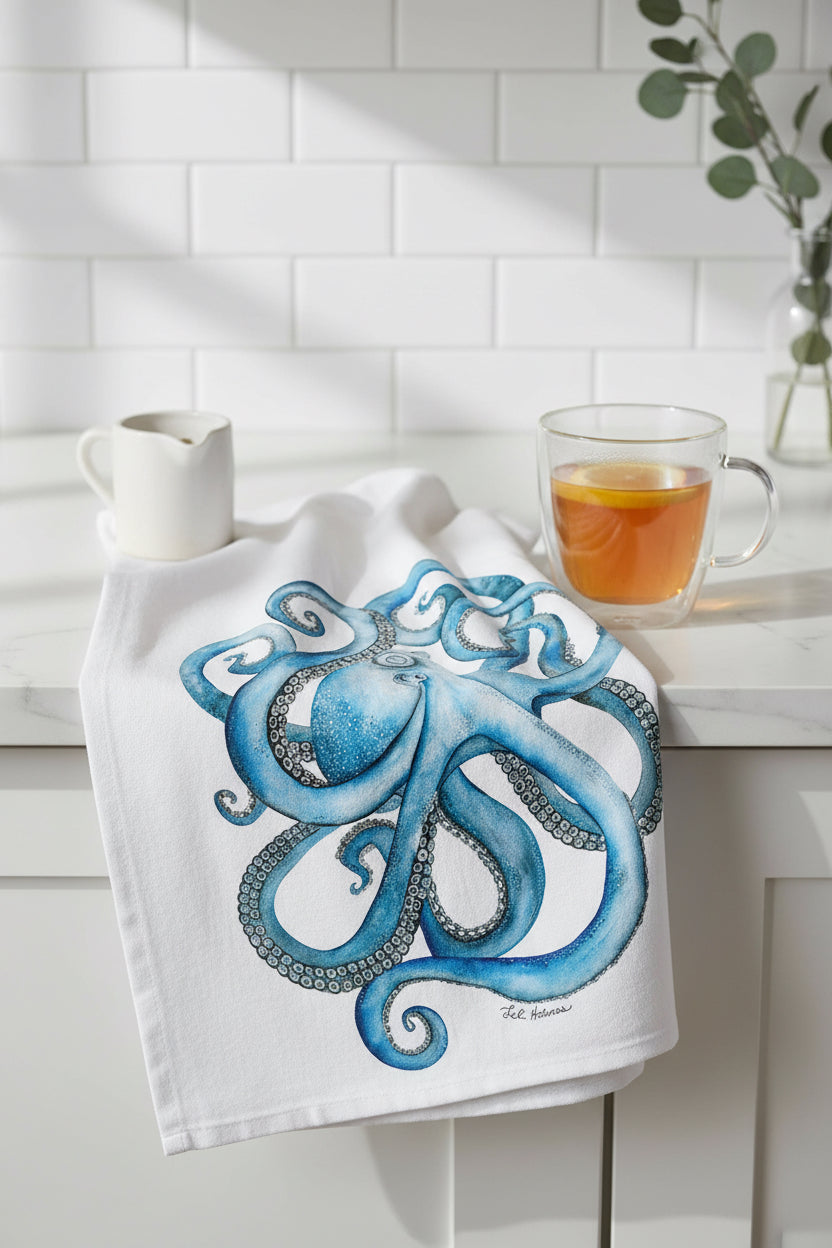 Octopus Tea Towel – Coastal Nautical Kitchen Towel, Blue Octopus Flour Sack, 100% Cotton Beach House Decor, Ocean Lover Gift