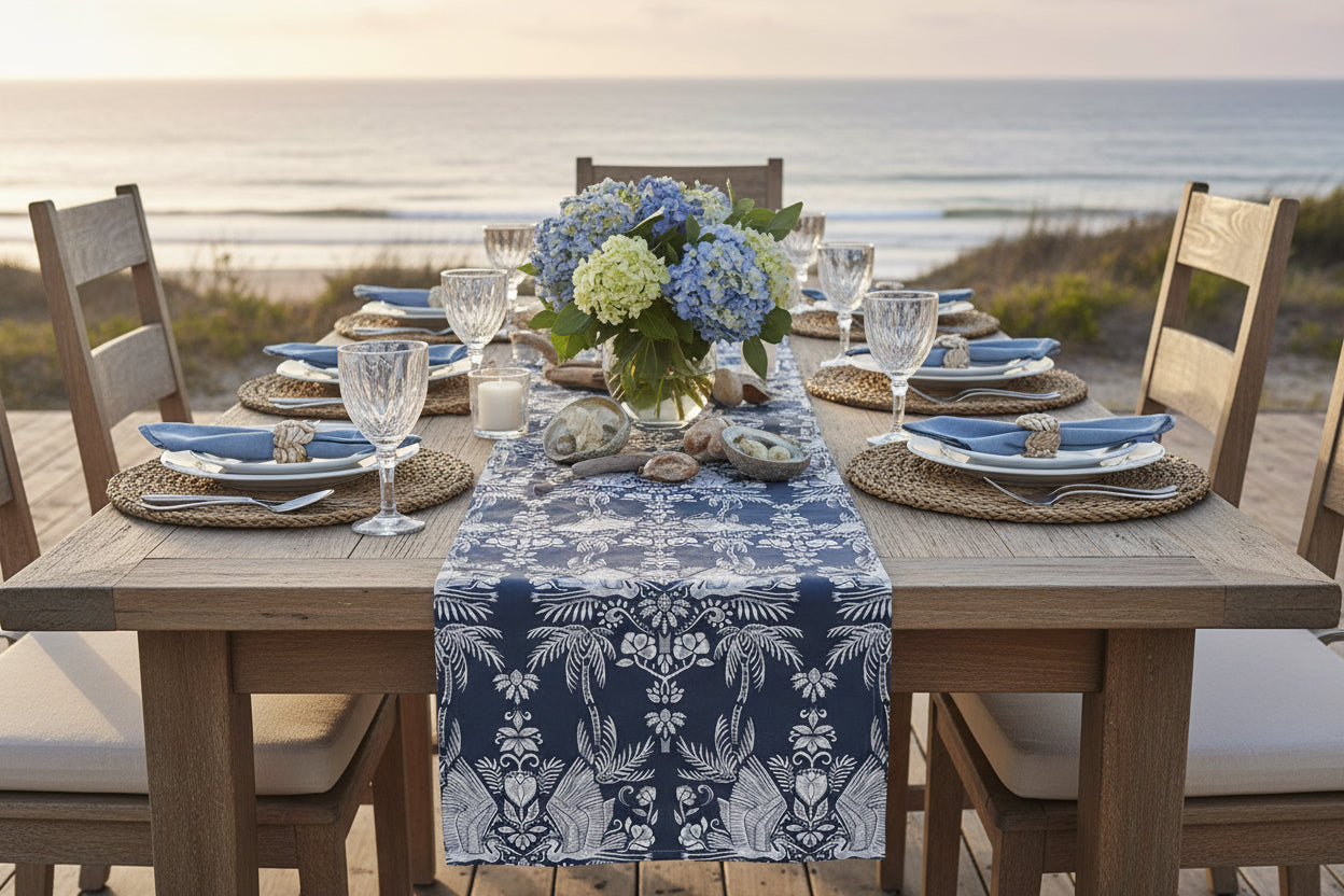 Palm & Heron Reversible Table Runner | Navy & White Coastal Table Linens