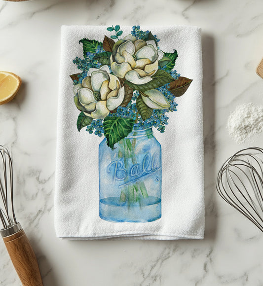 Magnolia Tea Towel – Blue Mason Jar Floral Kitchen Towel, 100% Cotton Flour Sack, Coastal Southern Kitchen Decor, Gift for Hostess