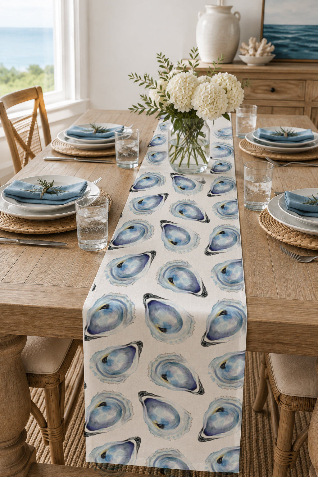 Blue Oyster Reversible Table Runner | Original Watercolor Oyster Design