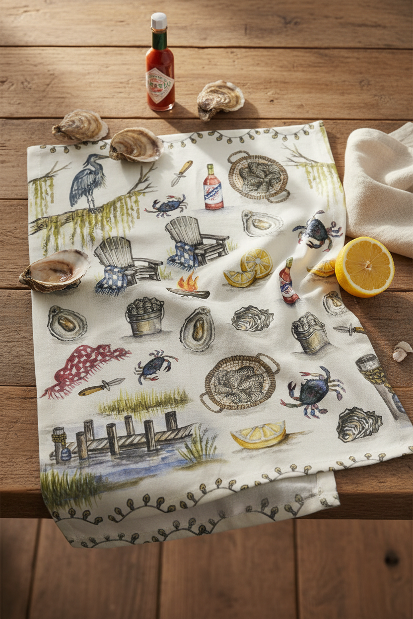 Oyster Roast Tea Towel | Lowcountry Coastal Kitchen Towel – PREORDER