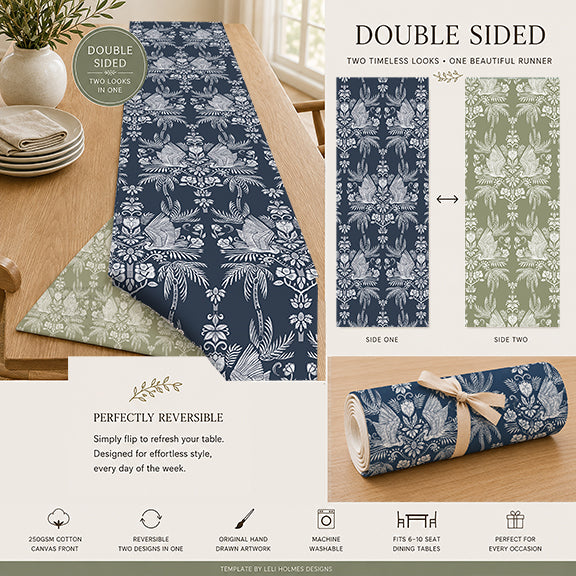Palm & Heron Reversible Table Runner | Navy & White Coastal Table Linens