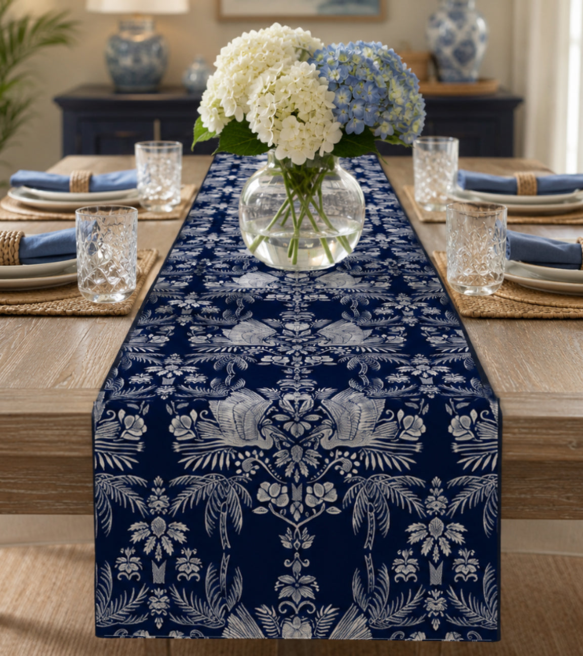 Palm & Heron Reversible Table Runner | Navy & White Coastal Table Linens