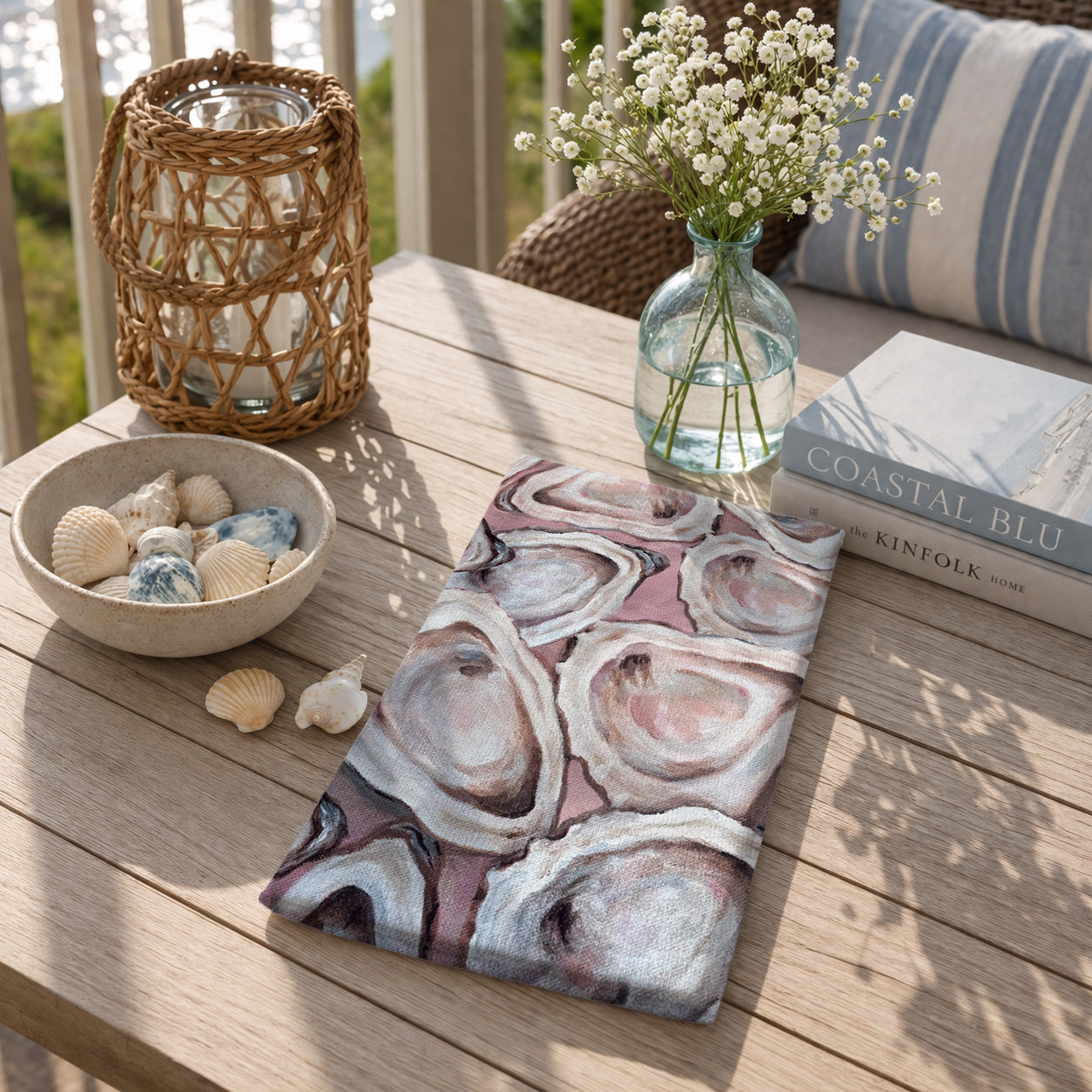 Blush Oyster Tea Towel – Coastal Shell Kitchen Towel, 100% Cotton Flour Sack, Pink Beach House Decor, Southern Kitchen Gift