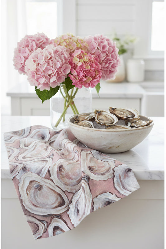 Blush Oyster Tea Towel – Coastal Shell Kitchen Towel, 100% Cotton Flour Sack, Pink Beach House Decor, Southern Kitchen Gift