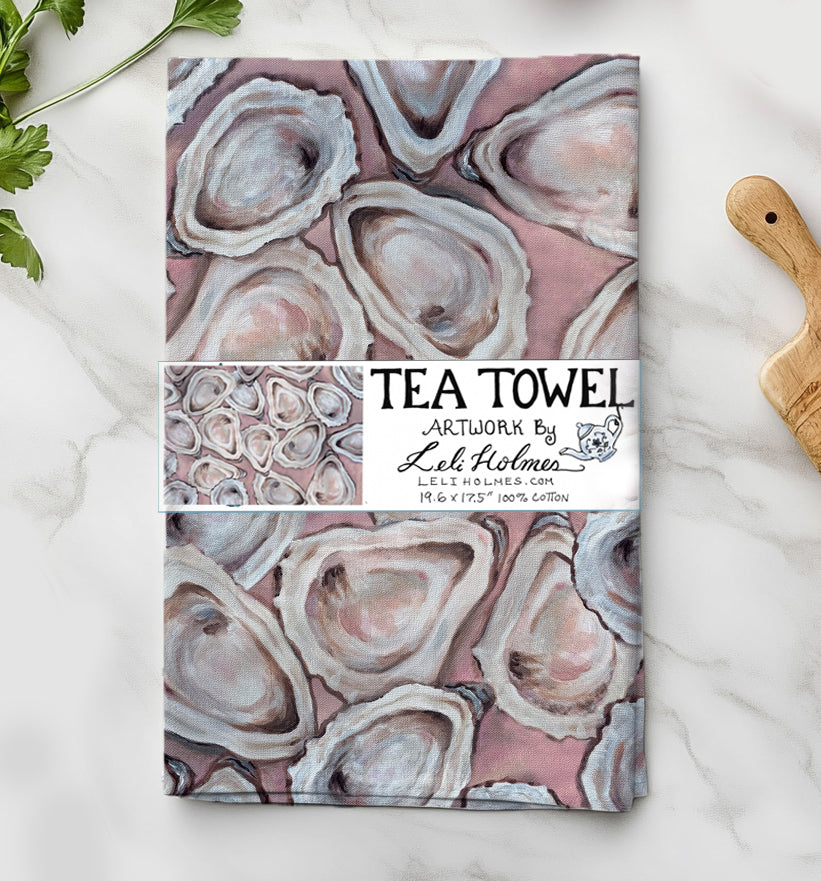 Blush Oyster Tea Towel – Coastal Shell Kitchen Towel, 100% Cotton Flour Sack, Pink Beach House Decor, Southern Kitchen Gift