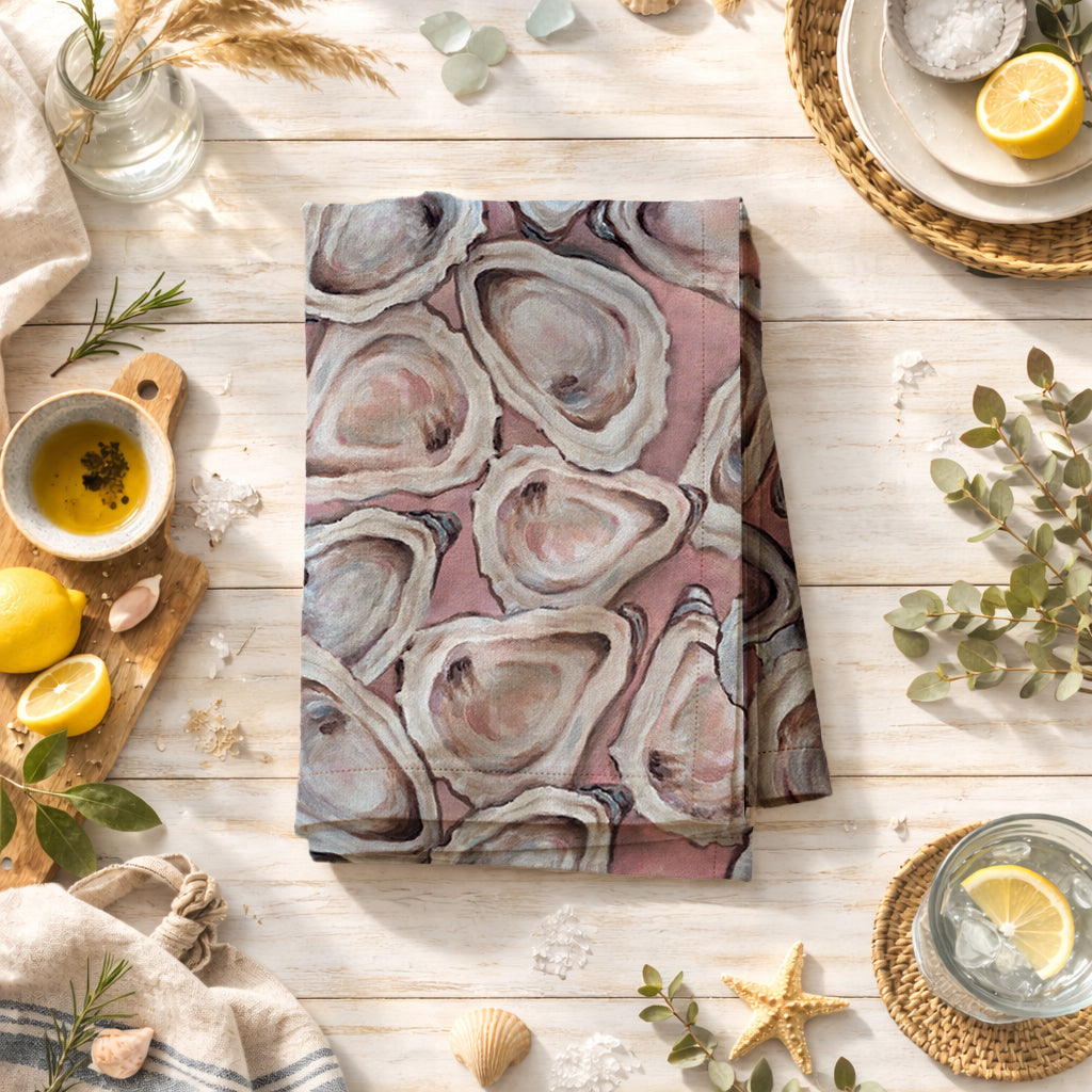 Blush Oyster Tea Towel – Coastal Shell Kitchen Towel, 100% Cotton Flour Sack, Pink Beach House Decor, Southern Kitchen Gift