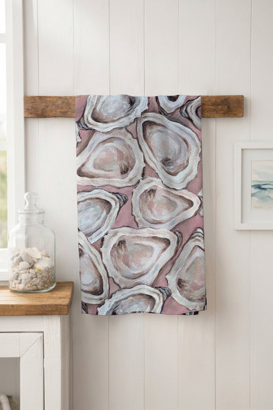 Blush Oyster Tea Towel – Coastal Shell Kitchen Towel, 100% Cotton Flour Sack, Pink Beach House Decor, Southern Kitchen Gift