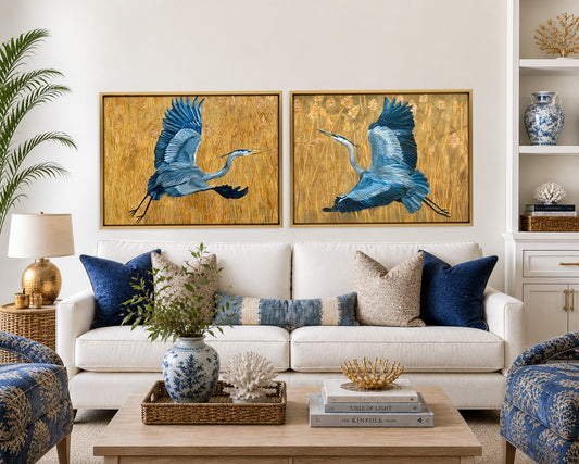 Blue Heron Art Print Set of 2 | Coastal Bird Wall Art Pair | Lowcountry Heron Paintings | Marsh Grass Background | Leli Holmes Art